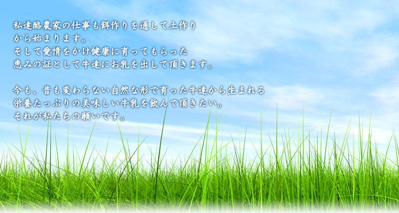 私達酪農家の仕事も餌作りを通して土作りから始まります。そして愛情をかけ健康に育ってもらった恵みの証として牛達にお乳を出して頂きます。今も、昔も変わらない自然な形で育った牛達から生まれる栄養たっぷりの美味しい牛乳を飲んで頂きたい。それが私たちの願いです。